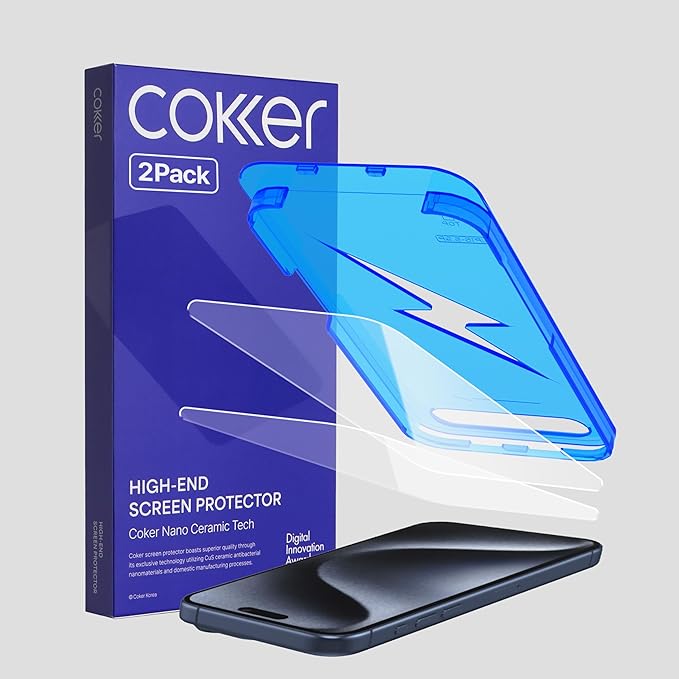 COKER 2PACK Tempered Glass Screen Protector Designed for iPhone 15 Pro Max Rounded Edge 9H Hardness Shatterproof Anti-Scratch Anti-Fingerprint Touch Sensitive Easy Installation