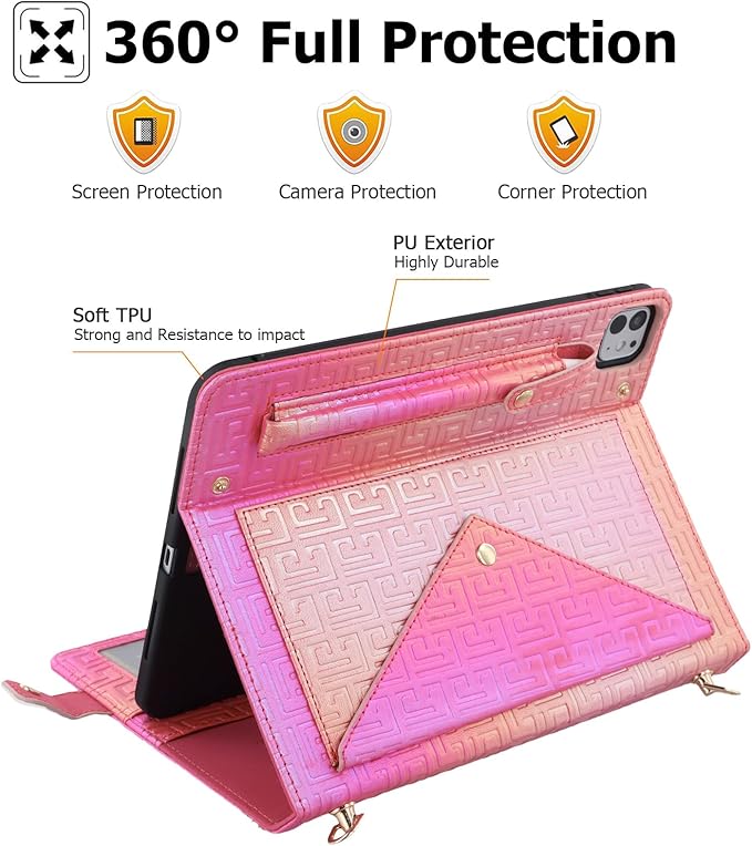 Dteck Luxury Sparkle PU Leather Case for iPad Air 13 2024 &amp iPad Pro 12.9 - Stand With Pencil Holder Shoulder Hand Strap Card Pockets Shockproof Rugged Protective Magnetic Wallet Rose