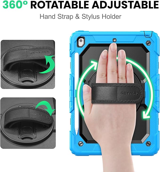 SEYMAC Kids Case for iPad 9th/ 8th/ 7th Generation 10.2 2021-2019 Heavy Duty Protective Shockproof Case with Screen Protector Rotating Stand/Handle/Shoulder Strap for iPad 10.2 Light Blue