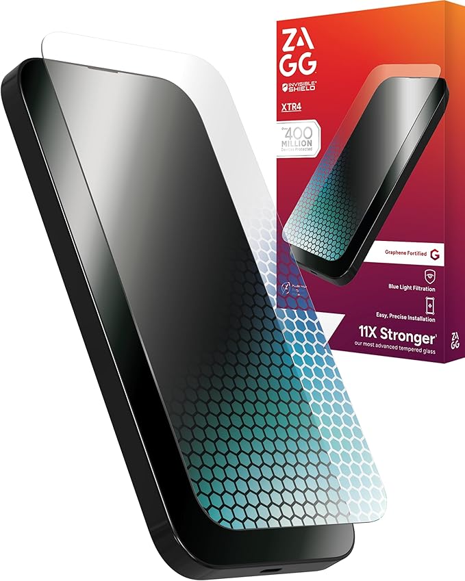 ZAGG XTR4 Screen Protector for iPhone 16 Pro Max - 11x Stronger Tempered Glass Blue Light Filtration Anti-Reflective Technology Graphene Reinforced InvisibleShield Easy Dust-Free Installation | 1