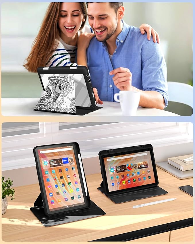 Kidcube for Kindle Fire HD 10/10 Plus Tablet Case - 13th/11th Generation (2023/2021) 10.1 Women Girls Cute Frog Design Teens Rotating Stand Pencil Holder Folio Cases for Amazon Fire HD 10/10 Plus