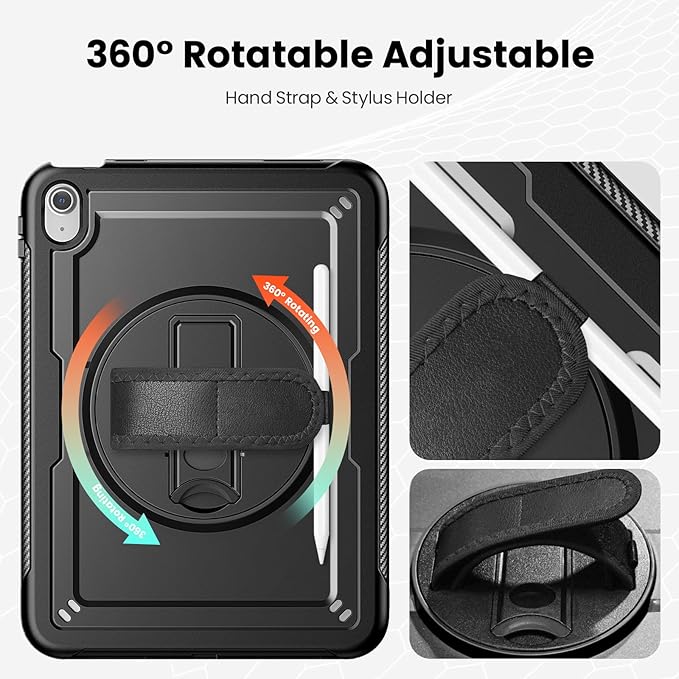 Case for iPad (A16) 11th/10th Generation 11''/10.9'' 2025/2022: Shockproof Protective Case with Hand/Shoulder Strap Pencil Holder Rotate Stand Screen Protector Black