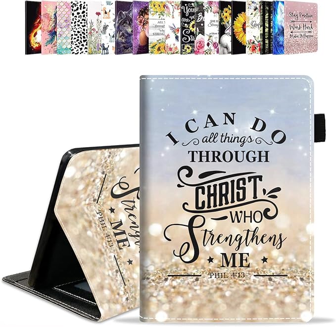 Case for All-New Amazon Kindle Fire 7 Tablet (7 12th Generation 2022 Release) Latest Model - PU Leather Folio Case with Smart Auto Wake/Sleep Rainbow Glitter Quote Bible Verse Phil 4:13