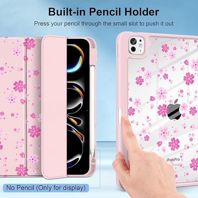 MecBevia Case for iPad Pro 11 inch M5 2025 / M4 2024 (6th/5th Gen) A3357 A3358 A3359 A2836 A2837 A3006 – Built-in Pencil Holder &amp Auto Wake/Sleep Pink Petals