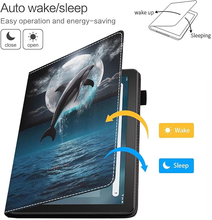 Case for All-New Amazon Kindle Fire HD 10 &amp 10 Plus Tablet 10.1 (13th/11th Generation 2023/2021 Release) - Premium PU Leather Cover with Auto Sleep Wake Dolphin Under The Moon