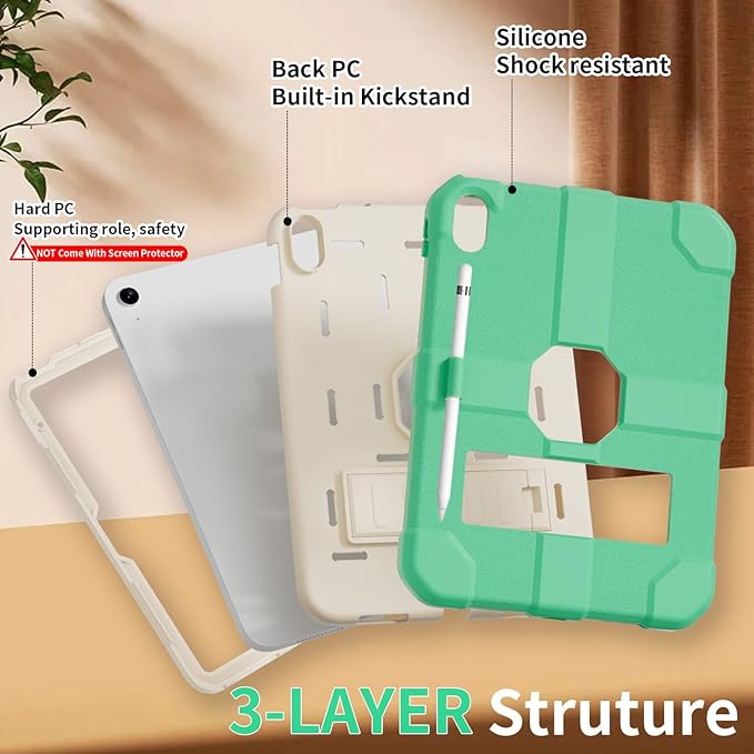 Case for iPad (A16) 11th Generation 11 Inch 2025 / iPad 10th Generation 10.9 Inch 2022 Rugged Heavy Duty Protective Cover [Built-in Pencil Holder ] for iPad 11/10 Gen (LightGreen)