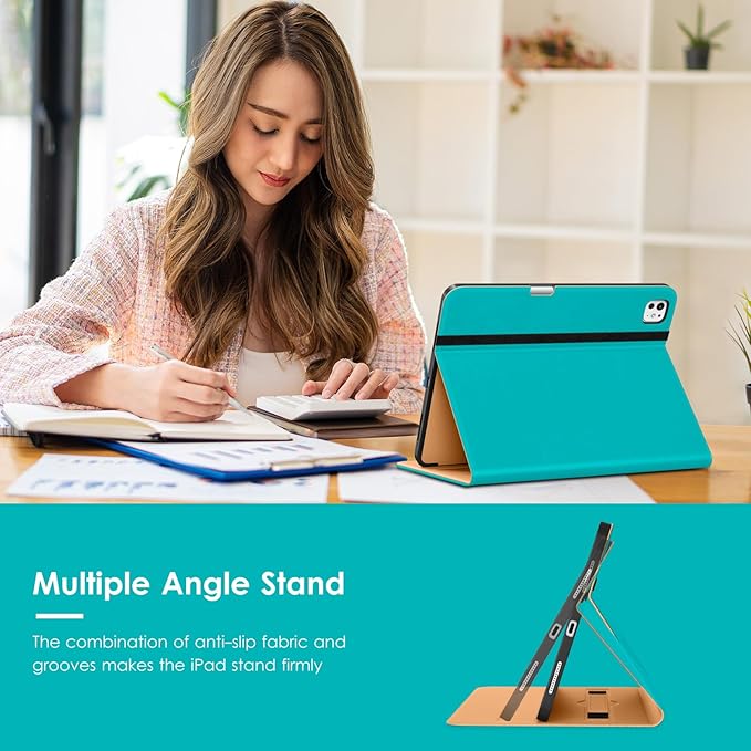 VIKESI Case for iPad Pro 13 (M4) 2024 Leather Stand Cover with Apple Pencil Holder Auto Wake/Sleep Multiple Viewing Angles Built in Hand Strap &amp Pocket Cyan Blue