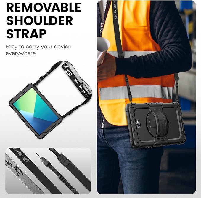 Timecity Case for Samsung Galaxy Tab A 10.1 inch 2016 Release SM-T580 T585 T587 Heavy Duty Protection Case with Screen Protector Stand Hand Strap and Shoulder Strap - Black