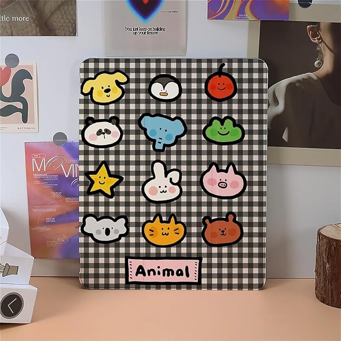 Cute Animals On Black Stripes Case Compatible with IPad 9th 8th 7th Generation 10.9 Inch 2021-2018Funny Cover with Trifold Stand+Pencil Holder for Boys GirlsiPad 10.9in 2022