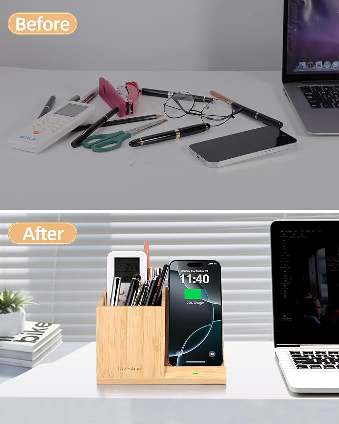 3-in-1 Bamboo Wireless Charger with Desk Organizer Bamboo Pen Holder for Desk 15W Fast Wireless Charger with Pen Holder for Home Office Supplies Compatible with iPhone and Samsung