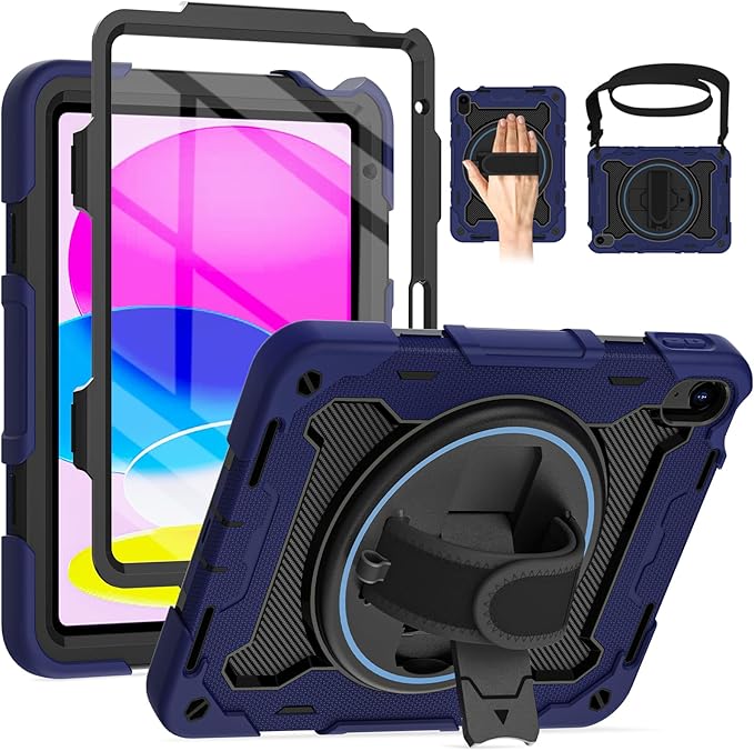 Case for iPad (A16) 11th Generation 11-inch 2025 iPad 10th Generation 10.9-inch 2022 -with HD Screen Protector 360 Kickstand/Hand Strap Shoulder Strap Heavy Duty - Kids Friendly