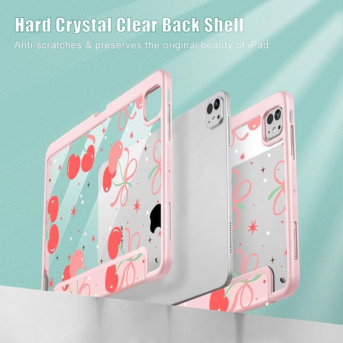 May Chen Case for iPad Pro 11-Inch M5/M4 2025/2024 (6th/5th Generation) [Penceil Holder] Trifold Stand Auto Wake/Sleep Clear TPU Protection Back Cover Coquette Cherry