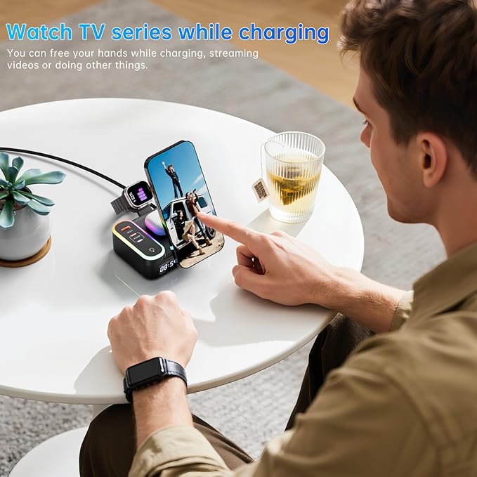 Qi2 Wireless Charger 8in1 Magnetic Wireless Charger Fast Charging Station for iPhone 65W Fast Foldable Charger with LED Clock USB-C/A Ports Multi-Device Charging Travel charged MagSafe Compatible