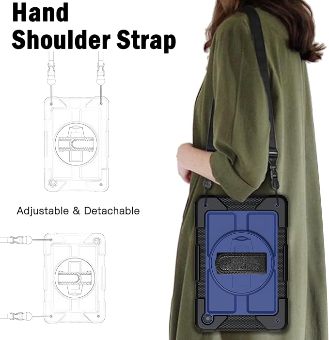 BMOUO for Samsung Galaxy Tab A9+ Plus Case 11 2023 (SM-X210/X216/X218) Shockproof Galaxy Tab A9 Plus Case with Rotating Stand and Hand/Shoulder Strap Navy Blue and Black