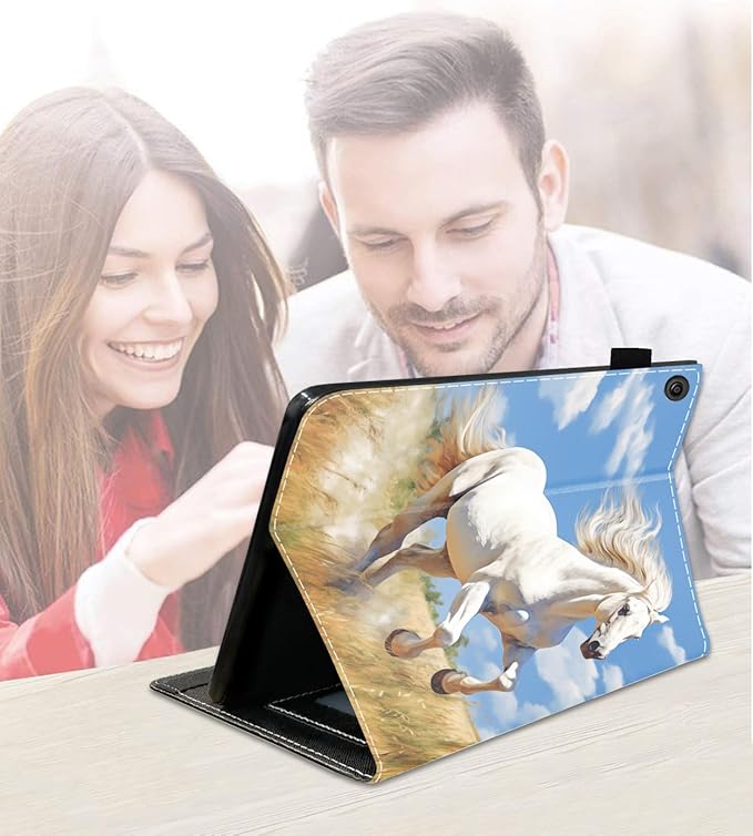 Case for Amazon Kindle Fire 7 Tablet (7 9th/7th Generation 2019/2017 Release) Slim PU Leather Cover with Card Slot &amp Auto Wake/Sleep Running White Horse