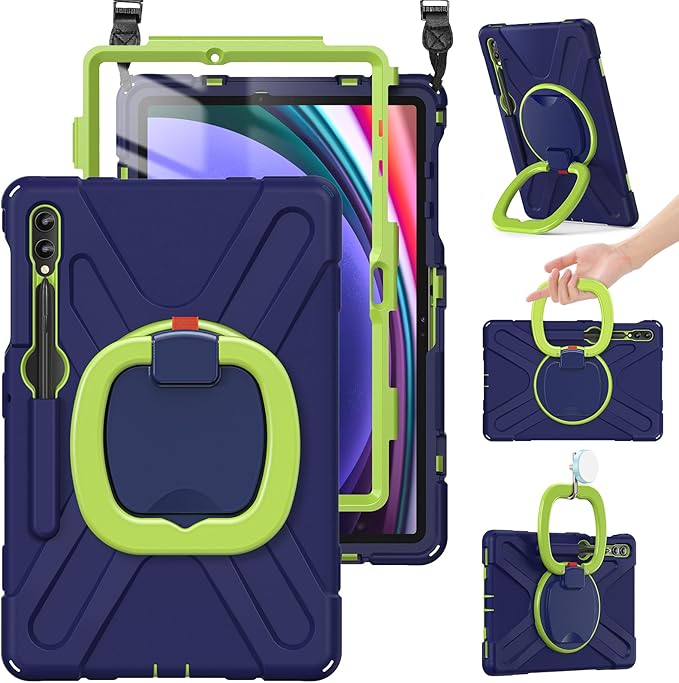 BRAECN Case for Samsung Galaxy Tab S10+/S9 FE+/S9+/S8+/S7 FE/S7+ 12.4” Rugged Silicone Cover w/S Pen Holder Screen Protector Handle Grip/Stand Shoulder Strap for Galaxy Tab S9 FE Plus Navy Green