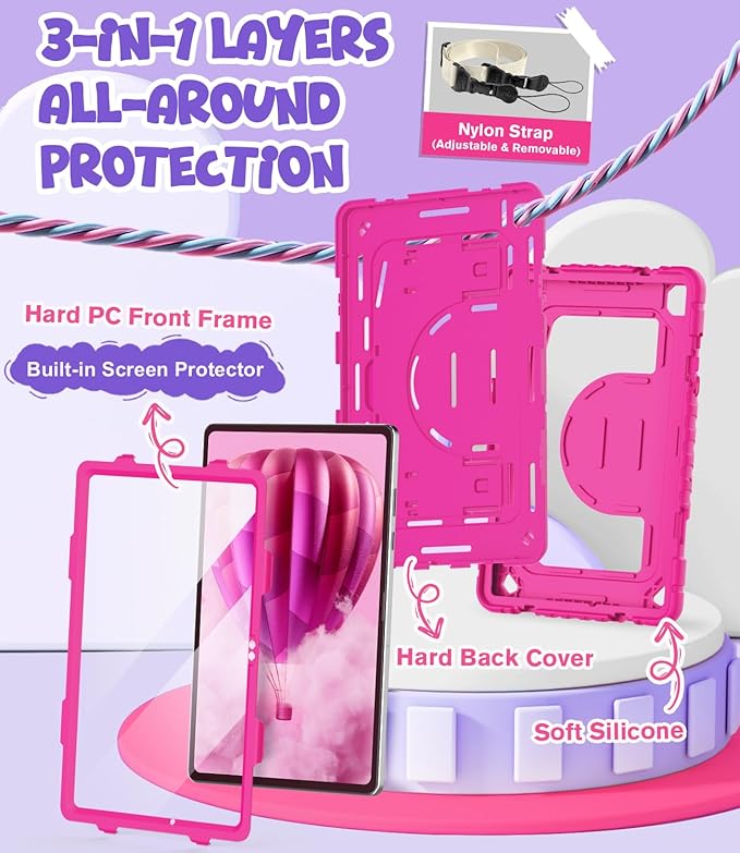 OKP Case for Samsung Galaxy Tab A9+ Plus 11 Inch 2023/ A11 Plus 2025 Shockproof Rugged 11 Galaxy A9+/ A11+ Tablet Protective Cover with Built-in Screen Protector Shoulder Strap Stand Hot Pink