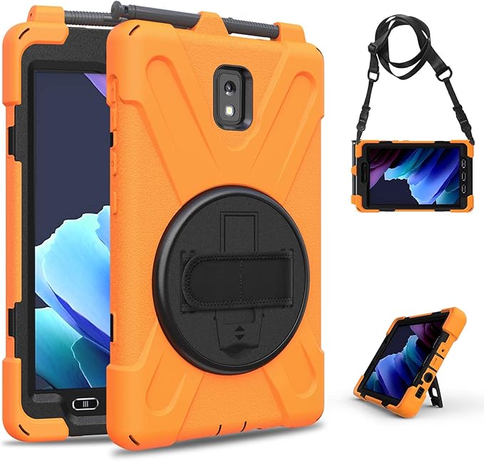 Case for Samsung Galaxy Tab Active 3 8 T570 T575 T577 Heavy Duty Shockproof Rugged 3 Layer Kids Durable Case with 360 Swivel Kickstand Shoulder Strap &amp Hand Strap (Orange)