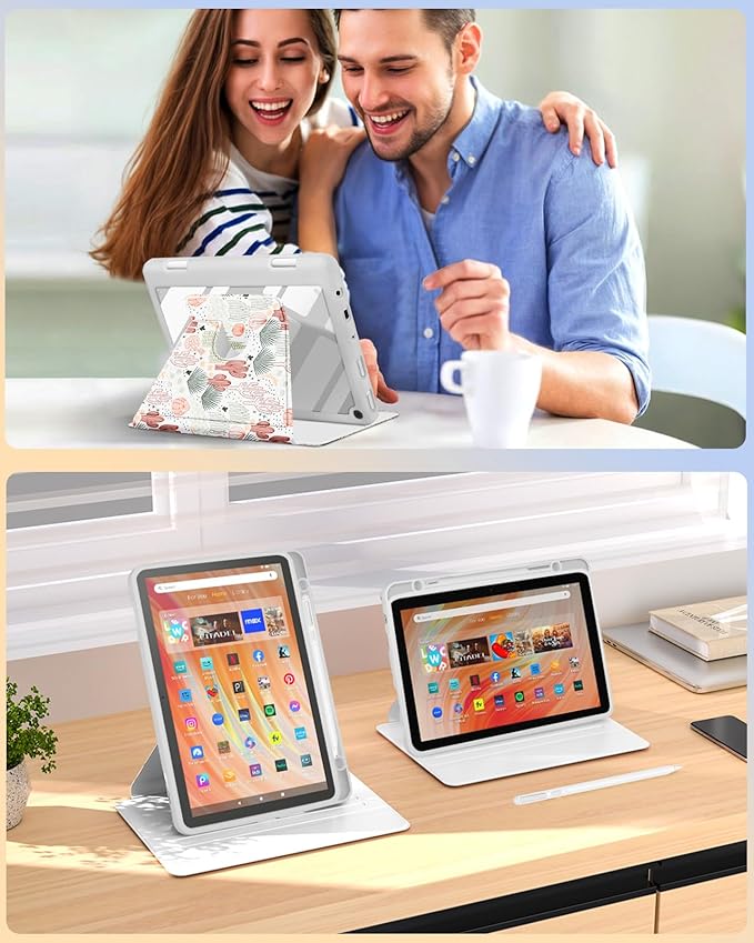 Kidcube for Kindle Fire HD 10/10 Plus Tablet Case - 13th/11th Generation (2023/2021) 10.1 Women Girls Cute Girly Cactus Design Rotating Stand Pencil Holder Folio Cases for Amazon Fire HD 10/10 Plus