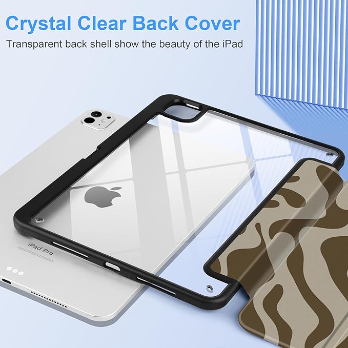 TWOLSKOO Case for iPad Pro 11-inch (M5 2025 / M4 2024) Clear Acrylic Back with TPU Bumper Pencil Holder Trifold Stand Auto Sleep/Wake Brown Waves