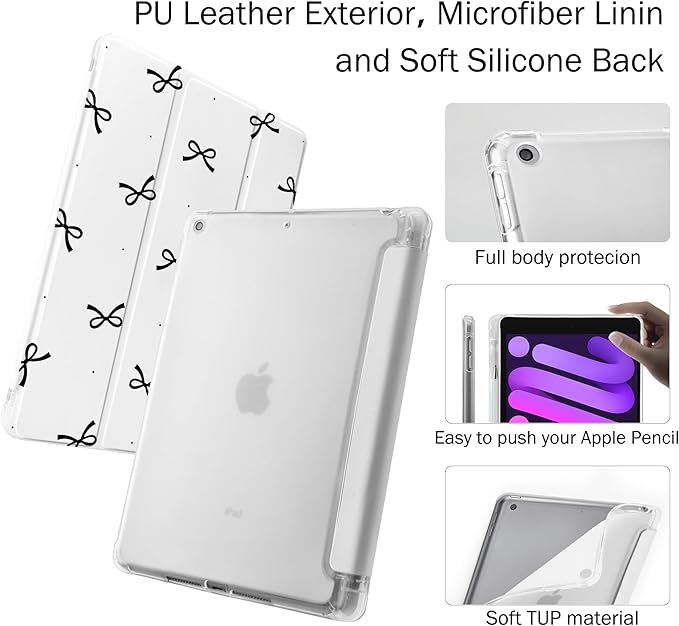 Idocolors Case for iPad 11 inch (A16 Chip) 2025 Generation 11th / iPad 10.9 inch 2022 10th Gen Built-in Pencil Holder with Soft TPU Shockproof Back Shell Auto Wake/Sleep Black Bow-White