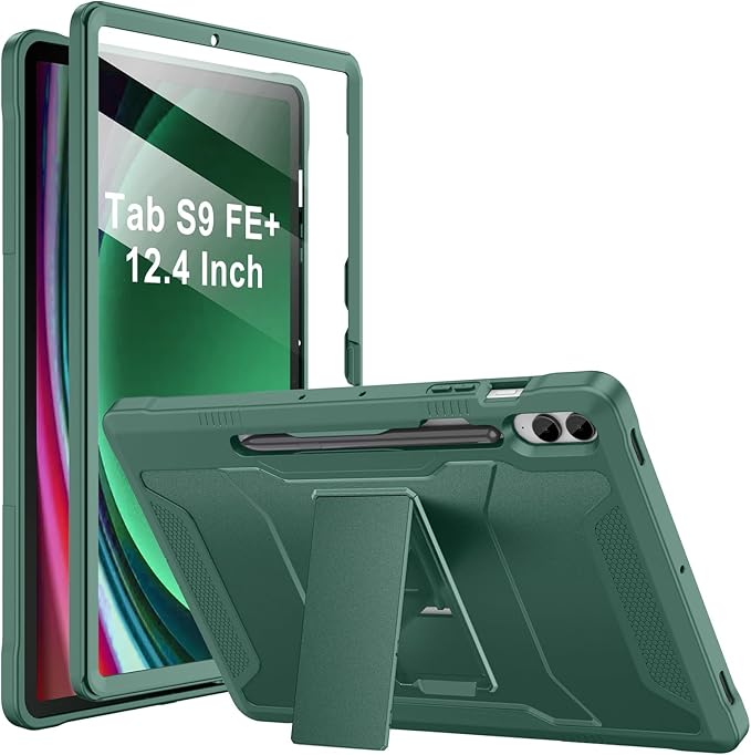 Soke Case for Samsung Galaxy Tab S9 Plus/S9 FE+ 2023 with Built-in Screen Protector &amp Kickstand Rugged Full Body Protective Cover for Galaxy Tablet 12.4 InchMidnight Green