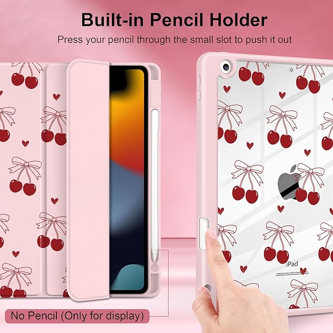 DONGKE for iPad 9th/8th/7th Generation Case 10.2 Inch (2021/2020/2019) [Auto Sleep/Wake &amp Pencil Holder] Clear Acrylic Back Trifold Stand Cover Cherry &amp Heart