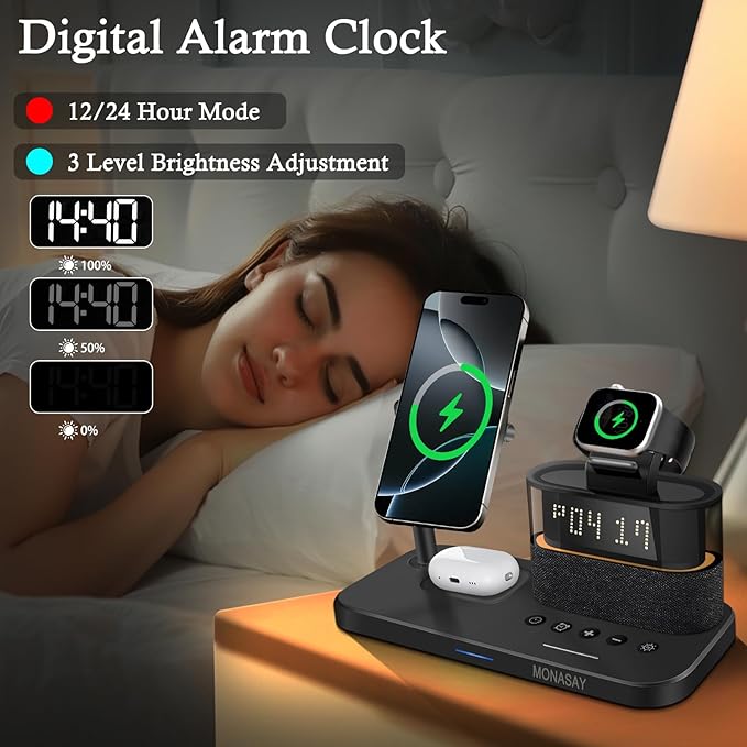 MONASAY Qi2 5 in 1 Wireless Charging Station 23W Wireless Charger with Alarm Clock for Multiple Devices Magnetic Charger Stand for iPhone 17/16/15/14/13 Series and AirPods Apple Watch Series Black