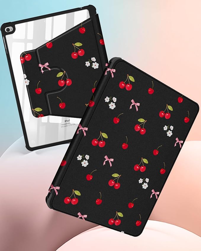 for iPad 5th/6th Generation Case for iPad Air 1st/Air 2nd/Pro 9.7 inch 2016 Case - 360 Rotating Stand Folio Smart Cover with Pencil Holder for Women Girl Cherry Bow Flowers for Apple Tablet