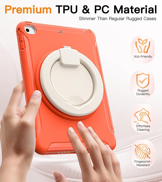 BATYUE Shockproof Case for iPad mini 4/5 (2015/2019) - 360° Multi-Angle Stand (Portrait &amp Landscape) &amp Grip Pencil Holder (Elastic Loop) Multi-Scene for All Ages Coral Orange
