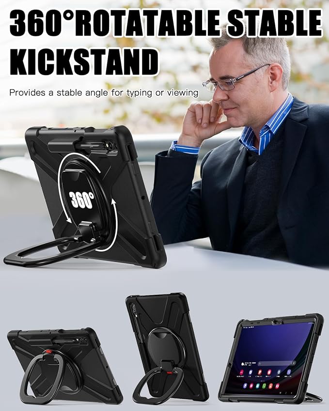 BRAECN Case for Samsung Galaxy Tab S10+/S9 FE+/S9+ Plus 12.4 Inch Heavy Duty Silicone Case with Screen Protector S Pen Holder Stable KickstandShoulder Strap for Galaxy Tab S8+/S7 FE/S7+ Black