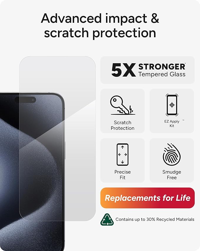 ZAGG Glass Elite iPhone 15 Pro Max Screen Protector - 5X Stronger with Reinforced Edges Scratch &amp Smudge-Resistant Surface InvisibleShield Easy to Install