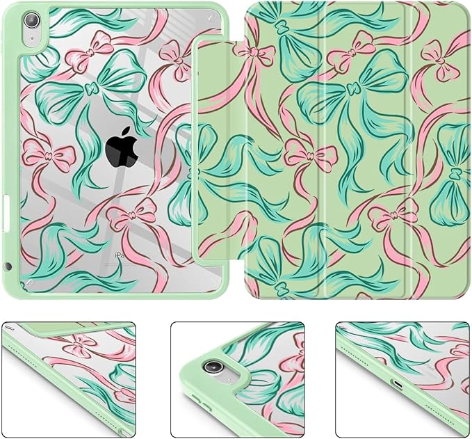 Tuiklol for 2025 iPad (A16 Chip) 11th Generation 11 inch/iPad 10th Generation 10.9 inch 2022 Case Buit in Pencil Holder with Clear Back Shell Cover Trifold Stand Auto Wake/SleepRibbon Bow Green