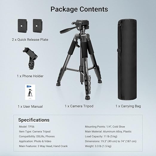 NEEWER Basics Camera Tripod 74 Tripod with Cell Phone Holder Mount Compatible with iPhone for Video Recording Professional Aluminum Lightweight Portable Travel Stand with 3 Way Pan Tilt Head TP56