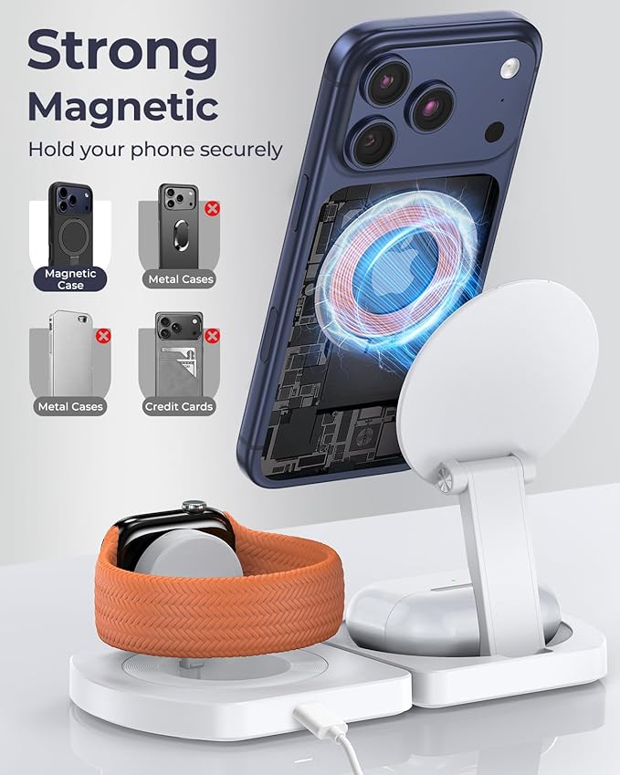 EGV Wireless Charger for iPhone 3-in-1 Magnetic Charging Station for Apple MagSafe Charger Stand for iPhone 17 Air 16 15 14 13 12 Series Airpods Pro Apple Watch Ultra Foldable No Adapter White