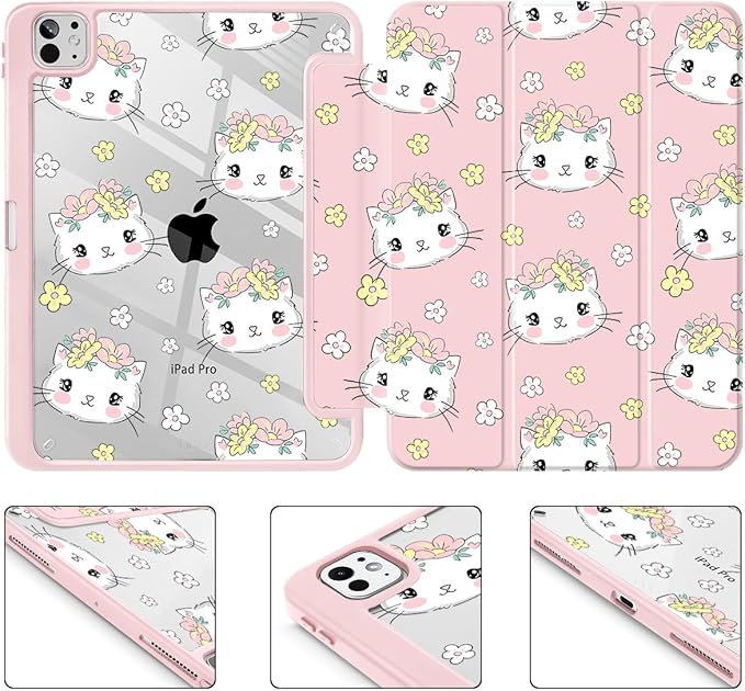 May Chen Case for iPad Pro 11-Inch M5/M4 2025/2024 (6th/5th Generation) [Penceil Holder] Trifold Stand Auto Wake/Sleep Clear TPU Protection Back Cover Cat &amp Flowers
