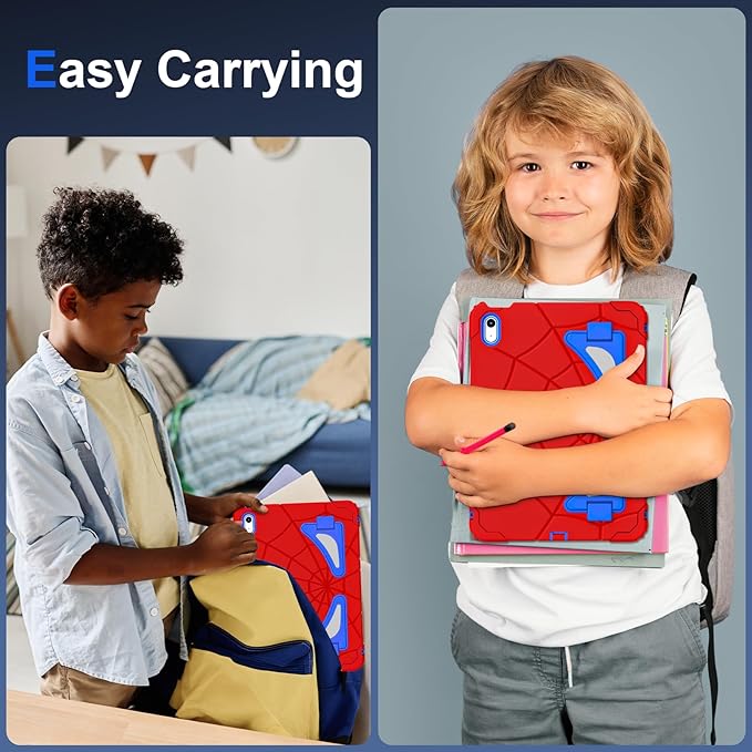 Kids Case for iPad 10th/11th Gen (10.9/11 Inch 2022/2025 A16) – Shockproof 360° Full-Body Protection Cover with Screen Protector Stand &amp Pencil Holder – Boys’ Anti-Drop Design-RED Blue