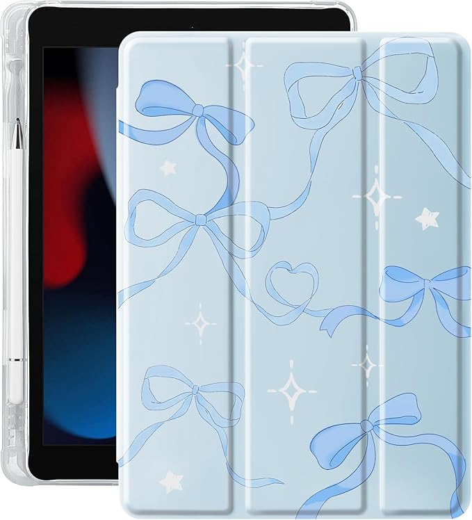 Idocolors Case for iPad 11 inch (A16 Chip) 2025 Generation 11th / iPad 10.9 inch 2022 10th Gen Built-in Pencil Holder with Soft TPU Shockproof Back Shell Auto Wake/Sleep Blue Ribbon Bow-Blue