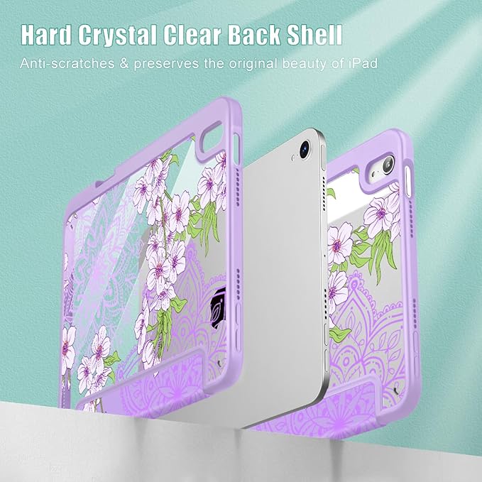 Mektron Printed Case for iPad mini 7 (A17 Pro) 2024/ Mini 6 2021 iPad mini 7th/6th Generation 8.3-inch Liquid Retina Display Cover Buit in Pencil Holder with Clear Back Shell Blossom Sakura-Purple