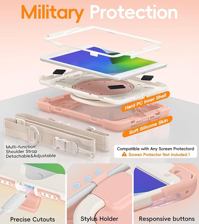 BATYUE for iPad mini 5/4 7.9 Inch Case (2019/2015) Protective Shockproof Cover with 360° Kickstand Detachable Shoulder Strap &amp Pencil Holder for Women &amp School - Rose Gold