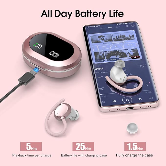 Ear Buds Wireless Earbuds HiFi Stereo Bluetooth 5.3 Running Headphones with Dual LED Display 30Hrs Playtime Built-in Mic Type-C in-Ear Bluetooth Earphones with Earhooks for Sport Rose Gold