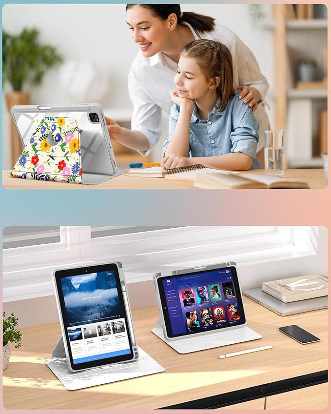 for iPad Air 13 inch Case(Air M4 2026/M3 2025/M2 2024) for iPad Pro 12.9 Case(6th/5th/4th/3rd/2nd/1st Gen) - 360 Rotating Smart Folio Cover with Pencil Holder for Women Girls Cat &amp Flowers
