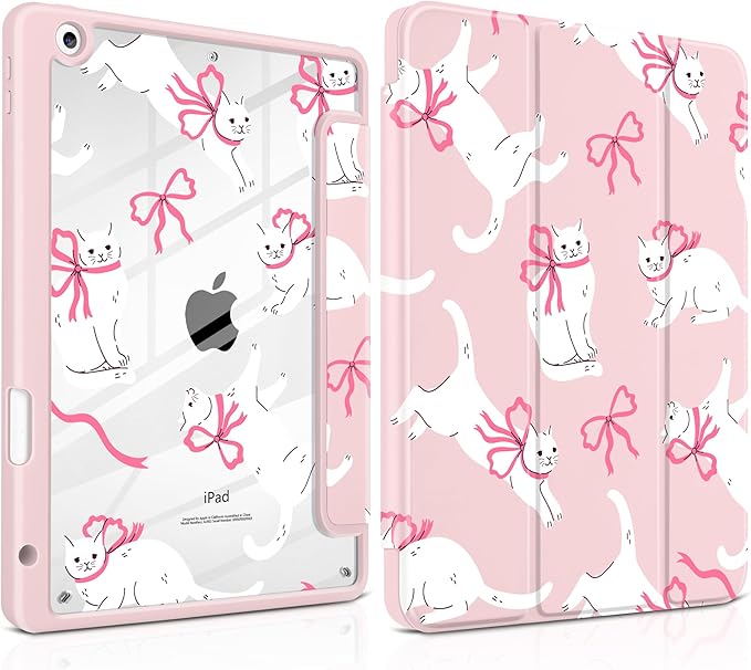 MEEgoodo Case for iPad 10.2 inchTablet Cases for iPad 9th Generation 2021/8th Gen 2020/7th Gen 2019 with Clear Acrylic Back Shell+Pencil Holder+Auto Wake/Sleep+Trifold StandCute White Cats &amp Bow