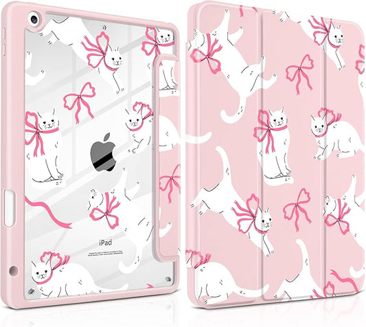 MEEgoodo Case for iPad 10.2 inchTablet Cases for iPad 9th Generation 2021/8th Gen 2020/7th Gen 2019 with Clear Acrylic Back Shell+Pencil Holder+Auto Wake/Sleep+Trifold StandCute White Cats &amp Bow