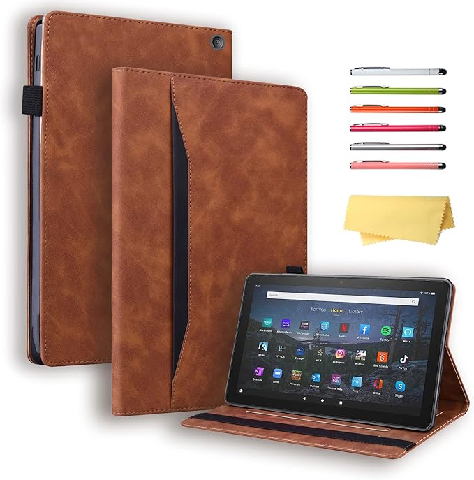 for Amazon Kindle Fire HD 10 &amp Fire HD 10 Plus Tablet Case 13th/11th Generation 10.1 (2023/2021) Folio Stand Embossed PU Leather Wallet Cover with Pencil Holder/Document Card Pockets Brown