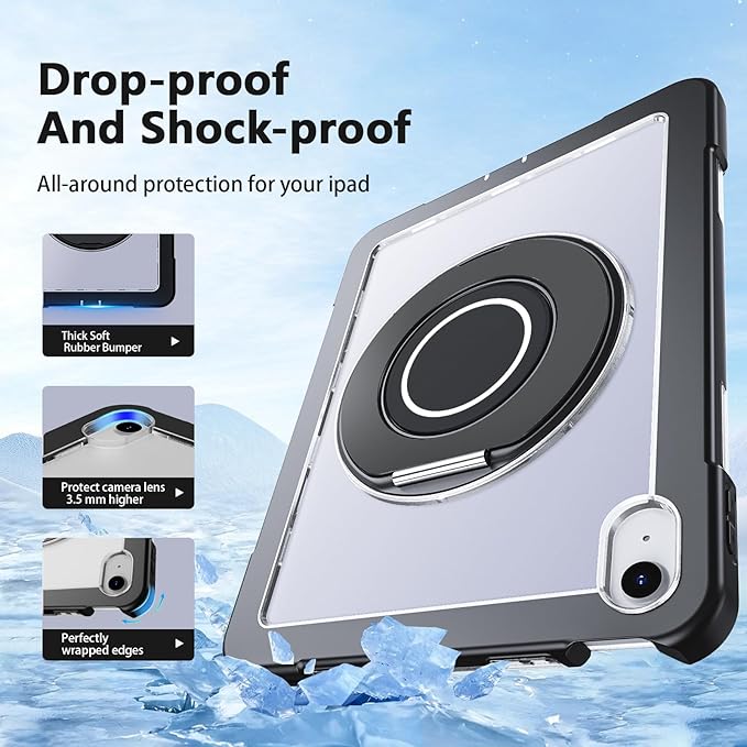 Case for iPad (A16) 11th /10th Generation 11 Inch 2025/10.9 inch 2022with Screen Protector360 Rotating Metal StandClear BackHeavy Duty Shockproof for Kids Case Black