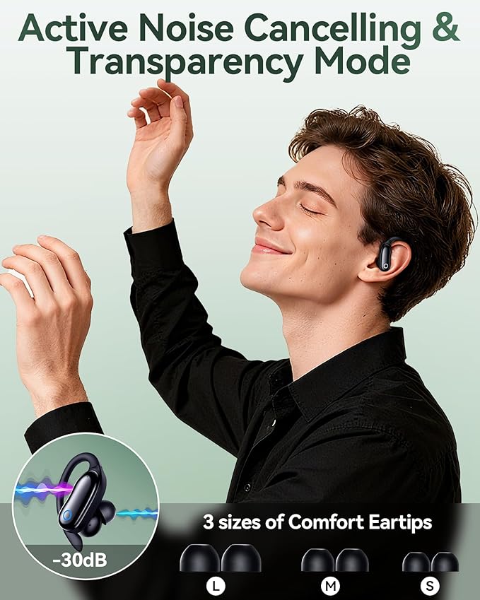 GNMN Active Noise Cancelling Ear Buds Wireless Earbuds 96hrs Playback Bluetooth Headphones Dual Battery Display Stereo Bass Earphones with Earhooks Microphone IPX7 Waterproof for Sports/Workout