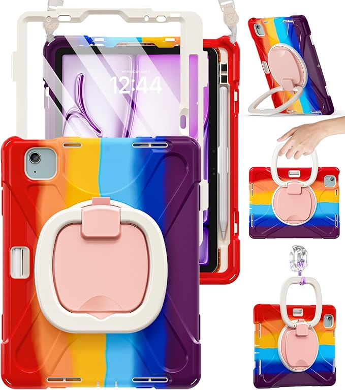 BRAECN for iPad Air 11 Inch Case M4 2026/M3 2025/M2 2024 iPad Air 5th/4th Gen 10.9” iPad Pro 11 4th/3rd/2nd/1st Gen Kids Cover with Screen ProtectorShoulder StrapPencil Holder Handle &amp Kickst