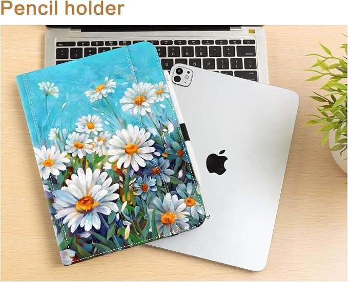 Vimorco Leather Case for iPad Pro 11 inch M5/M4 2025/2024 Pu Leather Protective Adjustable Stand Tablet Cover Hand Strap Card Pocket with Pencil HolderAuto Wake/SleepDaisy