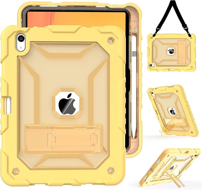 TIMISM Case for iPad (A16) 11th/10th Generation(2025/2022) with Shoulder Strap Kickstand and Pencil Holder Translucent Hard PC Back Cover Heavy Duty Shockproof Rugged Protective Case Yellow